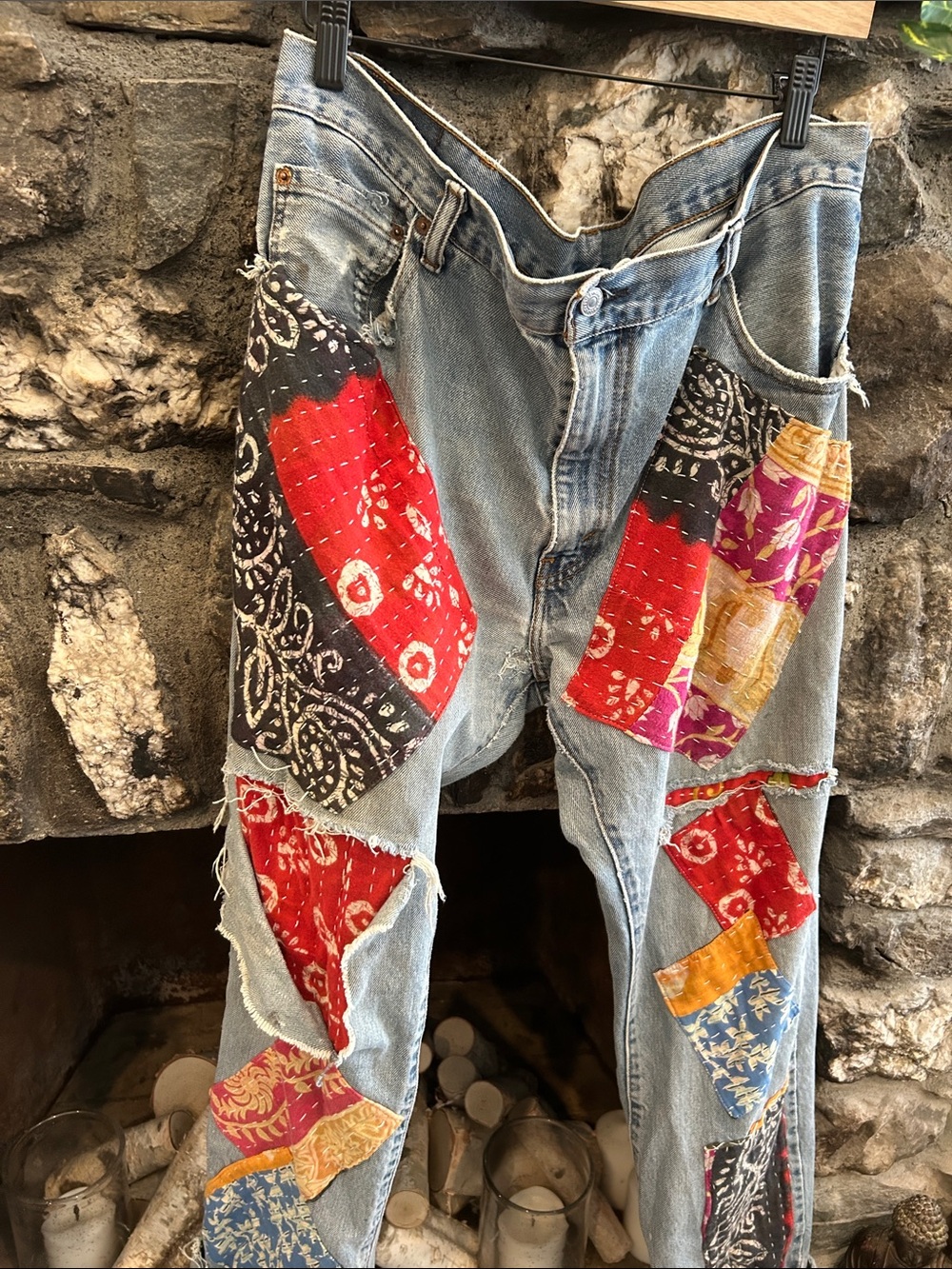CUSTOM UPCYCLED Levi’s jeans Kantha patched jeans OOAK 36x34 distressed worn in